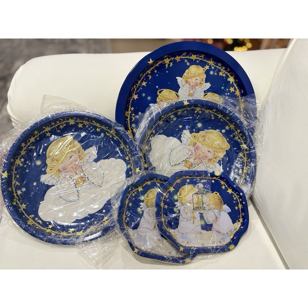 Vintage Pictura Angel Christmas Plates Sweden 1996 Blue Gold Holiday Decor Set
